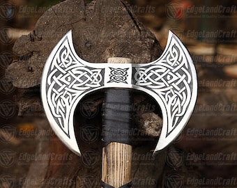 Hand Forged Carbon Steel Berserker Axe: Engraved Wood Handle, Leather Sheath