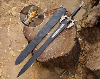 Fantasy Longsword Decor – Powder Coated Blade with Metal Handle, Ornate Display Piece with Leather Case, Wedding Gift