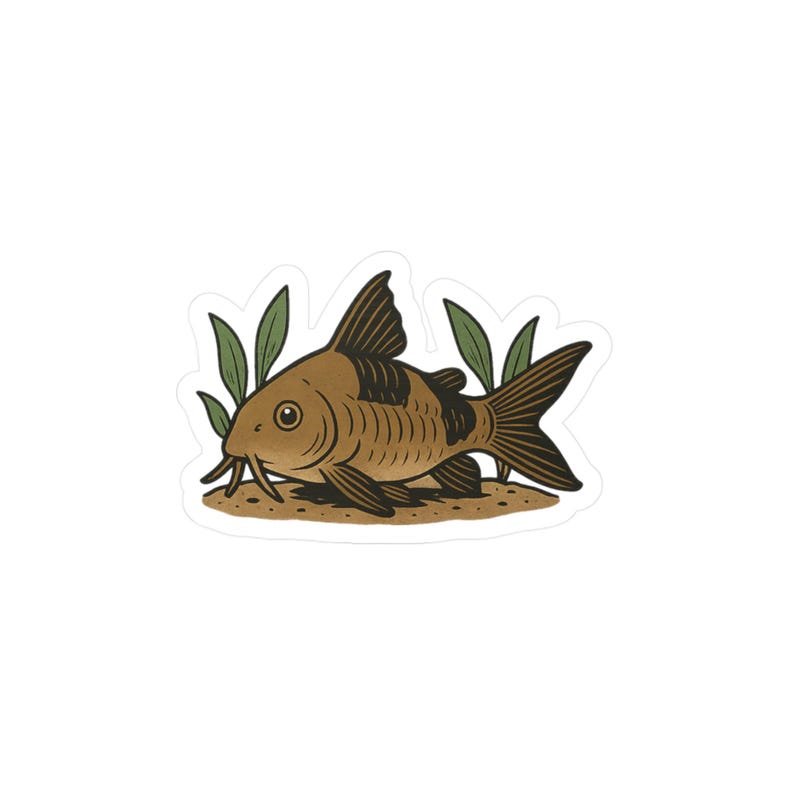 May include: A sticker featuring a cartoon illustration of a brown fish with black markings and whiskers. The fish is positioned above a patch of brown ground and green plants. The sticker has a white border.