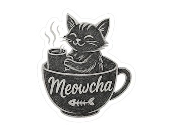 Adesivo in vinile Meowcha Coffee Cat - Regalo divertente per gli amanti dei gatti e i dipendenti dal caffè, adesivo carino per mamme di animali domestici e proprietari di gatti