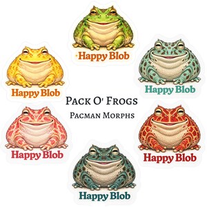 May include: A collection of six stickers featuring round frogs in various colors including green, yellow, teal, pink, red, and dark blue. Each frog has a smiling expression and the text Happy Blob printed below it. The center text reads PACK O' FROGS PACMAN MORPHS.