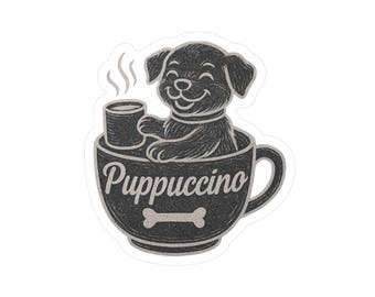 Pegatina de vinilo de 7,6 cm con diseño de perro cafetero "Puppuccino" - Divertida calcomanía para amantes de las mascotas y cachorros - Regalo ideal