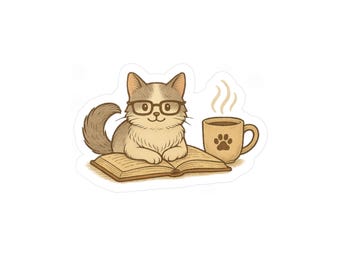 Book Cat 3-4" Vinyl Sticker - Bookish Reading Kitty Pet Lover Decal, Cozy Reader Gift