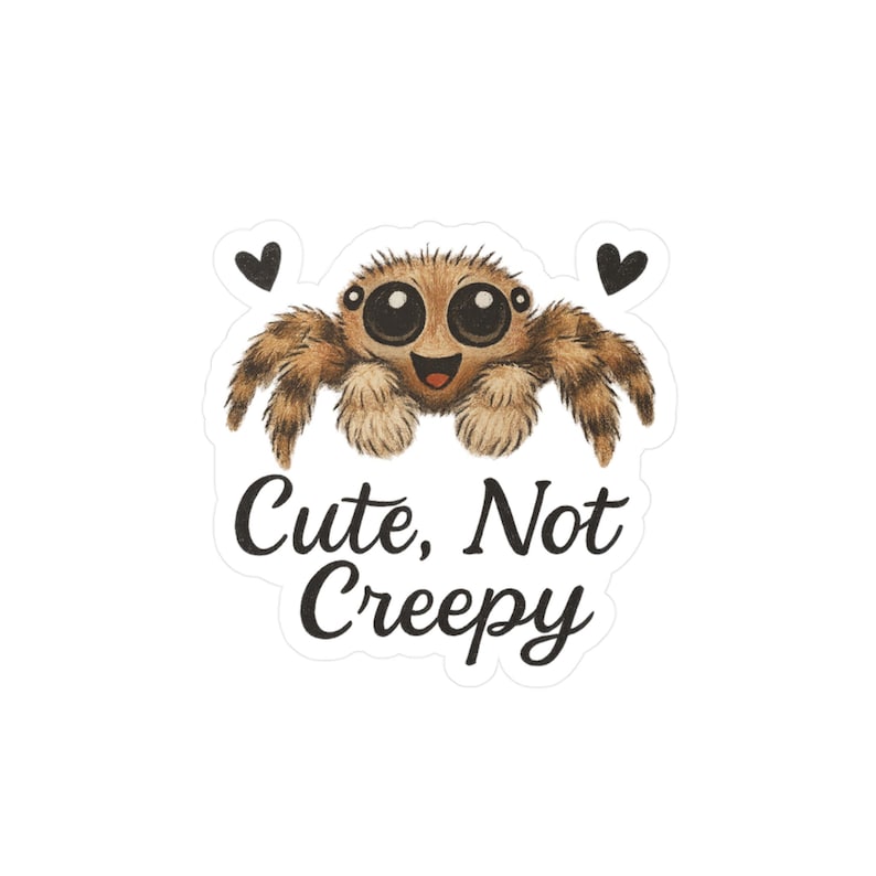 May include: A sticker featuring a cartoon spider with large, expressive eyes and a smiling face. The spider is brown and tan with a fuzzy appearance. Two black hearts are on either side of the spider. The text "Cute, Not Creepy" is below the spider.