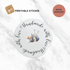 IMPRIMABLE fait main avec des autocollants pour les petites entreprises/sur le thème du tricot/autocollant rond rond fait main PDF/24 et 8 autocollants par page/deux tailles