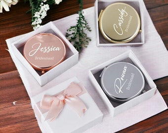 Boîte ruban blanche avec miroirs de maquillage compacts personnalisés, Shower de bébé, Cadeau de remerciement pour demoiselle d'honneur, Miroir de poche portable, Miroir personnalisé