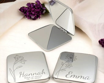 Miroir de maquillage personnalisé, Miroir compact de poche avec noms personnalisés, Miroir de voyage, Cadeaux de demoiselle d'honneur, Cadeaux de mariage, Fleur d'anniversaire