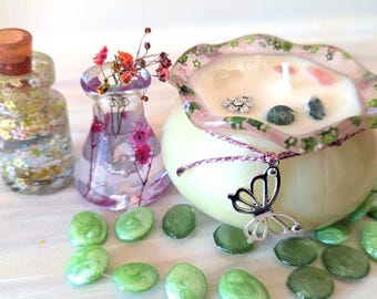 Ostara Candle: cherry blossom, lotus, rain water scented candle, with crystal accents in a handmade resin cauldron - Spring Equinox