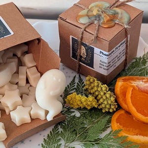 Wax Melts: Phantom Firefly  -orange, cotton blossom, and light musk - a light airy scent.  Ghost and star shaped strongly scented wax melts