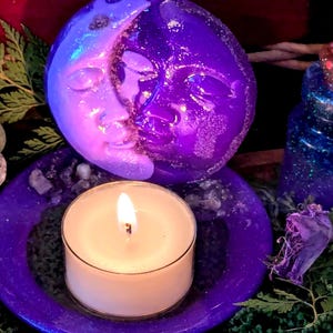 Tealight Candle Holder Resin Moon and 4 tealight candles in our new scent - Magik  - perfect Mini Altar - Meditation Candle - Trinket Tray