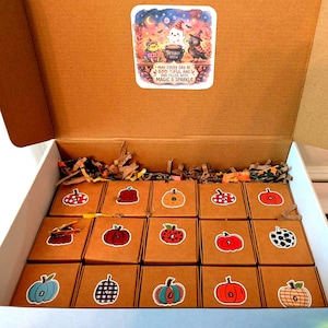 May include: A cardboard box containing fifteen small square brown boxes, each featuring a unique pumpkin sticker with a number. The inside lid displays a colorful illustration of a ghost, frog, and crow with the text: May every day be boo-tiful and filled with magic & sparkle.