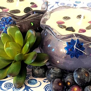 May include: Two decorative candles in dark blue glass bowls with a starry design. Each candle has a white wax top with decorative stones and a wick. A blue flower and a succulent plant are in the foreground, with blueberries scattered around.