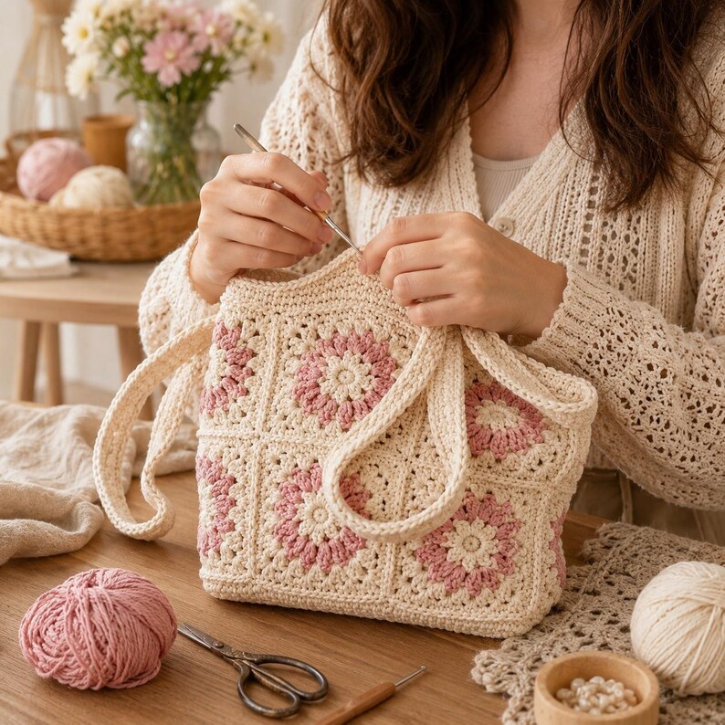 Puede incluir: Un bolso tote de crochet color crema con dise&ntilde;os florales rosas. El bolso tiene dos asas y est&aacute; sobre una mesa de madera. Una madeja de hilo rosa, unas tijeras y un ganchillo tambi&eacute;n est&aacute;n sobre la mesa, con tem&aacute;tica artesanal.