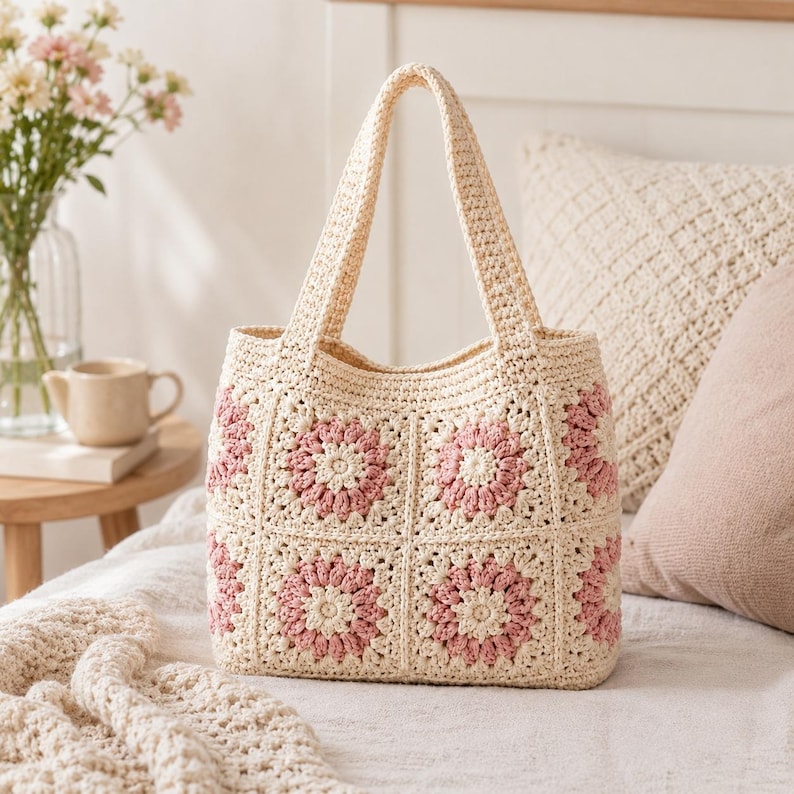 Puede incluir: Un bolso tote de crochet color crema con cuadrados florales rosas. El bolso tiene dos asas y est&aacute; sobre una cama con una manta y almohadas color crema. El dise&ntilde;o del bolso presenta un patr&oacute;n repetido de flores rosas.
