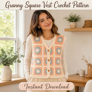 May include: A cream-colored granny square crochet vest with peach and blue accents, buttoned up. The vest is worn over a long-sleeved cream shirt. The text "Granny Square Vest Crochet Pattern" and "Instant Download" are visible.