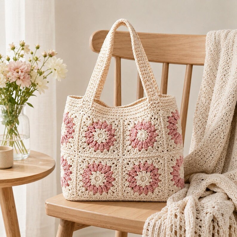 Puede incluir: Bolso tote de crochet color crema con cuadrados florales rosas. El bolso tiene dos asas y est&aacute; sobre una silla de madera. Una manta de crochet color crema est&aacute; sobre el respaldo de la silla. Un jarr&oacute;n con flores est&aacute; en una mesa auxiliar.
