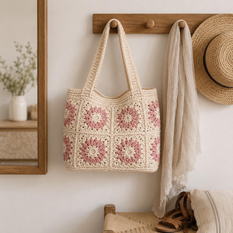 Puede incluir: Un bolso tote de crochet color crema con dise&ntilde;os florales rosas. El bolso cuelga de una clavija de madera, junto a un sombrero de paja y una bufanda de color claro. El bolso tiene dos asas.