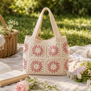 Puede incluir: Un bolso tote de crochet color crema con dise&ntilde;os florales rosas. El bolso tiene forma rectangular con un asa resistente. El bolso est&aacute; sobre una manta blanca con una cesta de picnic y flores en el fondo.