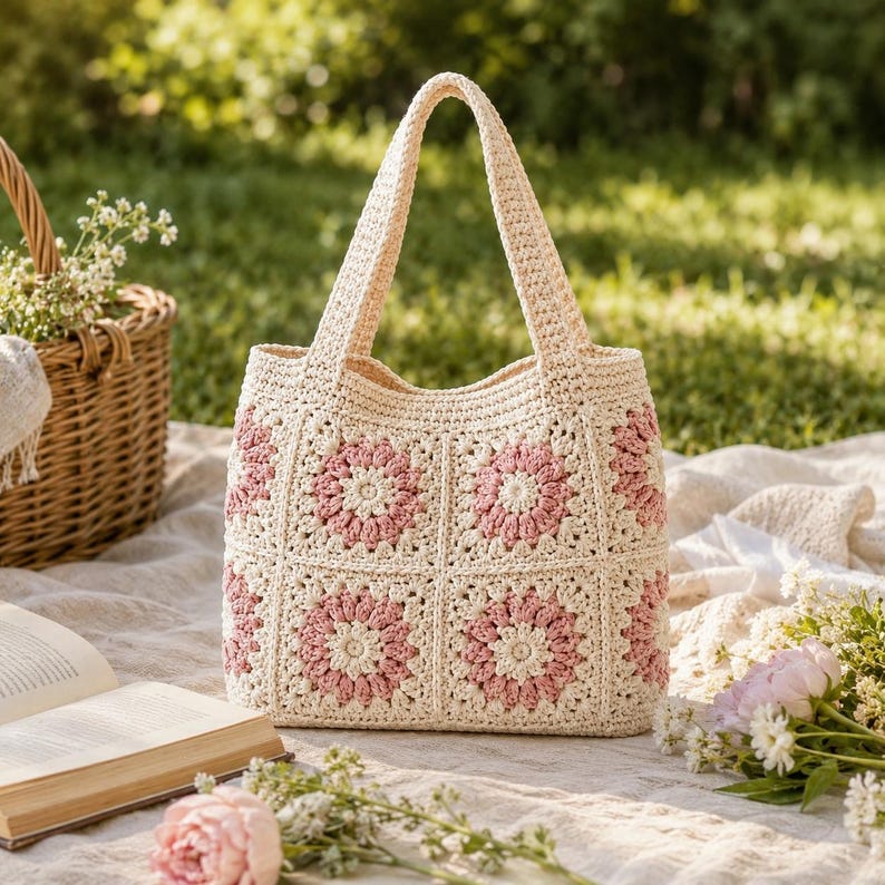 Puede incluir: Un bolso tote de crochet color crema con dise&ntilde;os florales rosas. El bolso tiene forma rectangular con un asa resistente. El bolso est&aacute; sobre una manta blanca con una cesta de picnic y flores en el fondo.