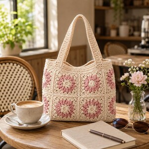 Puede incluir: Bolso tote de crochet color crema con cuadrados florales rosas. El bolso tiene dos asas y est&aacute; sobre una mesa de madera junto a una taza de caf&eacute;, un cuaderno y gafas de sol. Un jarr&oacute;n con flores tambi&eacute;n est&aacute; sobre la mesa.