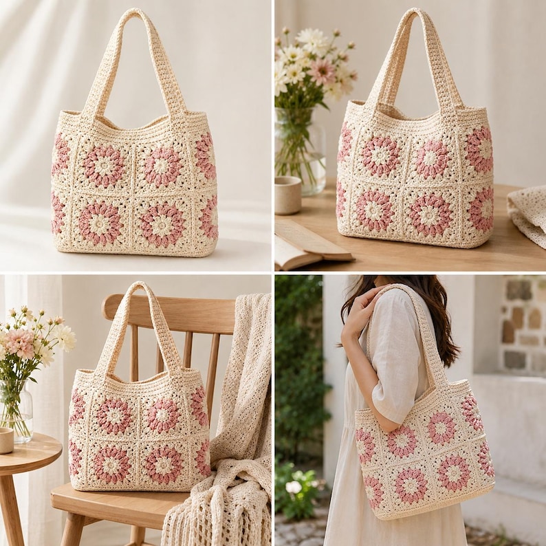 Puede incluir: Un bolso tote de crochet color crema con un estampado floral rosa. El bolso tiene forma rectangular con una base resistente y dos asas. El dise&ntilde;o floral est&aacute; formado por cuadrados con motivos de flores rosas.