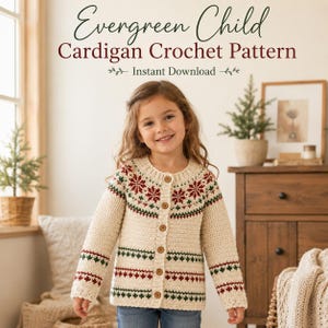 May include: A cream-colored crochet cardigan featuring a festive fair isle pattern in red and green across the yoke and hem. The garment has long sleeves, a round neckline, and a front button closure. Text reads Evergreen Child Cardigan Crochet Pattern.