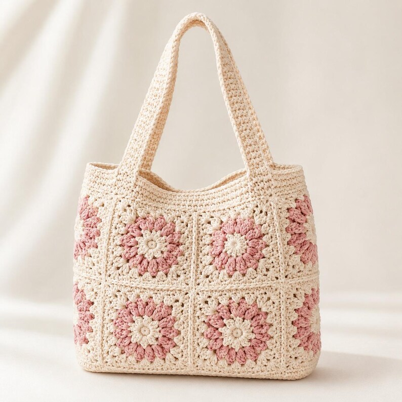 Puede incluir: Un bolso tote de crochet color crema con detalles florales rosas. El bolso presenta un dise&ntilde;o de cuadrados de la abuela, cada cuadrado muestra una flor rosa. Las asas tambi&eacute;n est&aacute;n tejidas en un color crema a juego, creando una est&eacute;tica cohesiva y hecha a mano.