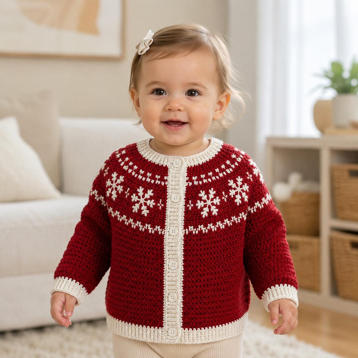 36 Crochet Baby Clothes Patterns with Bonnets, Booties, Rompers, and Dresses 28 Baby Cardigan Ruby Snowfall Christmas Baby Sweater