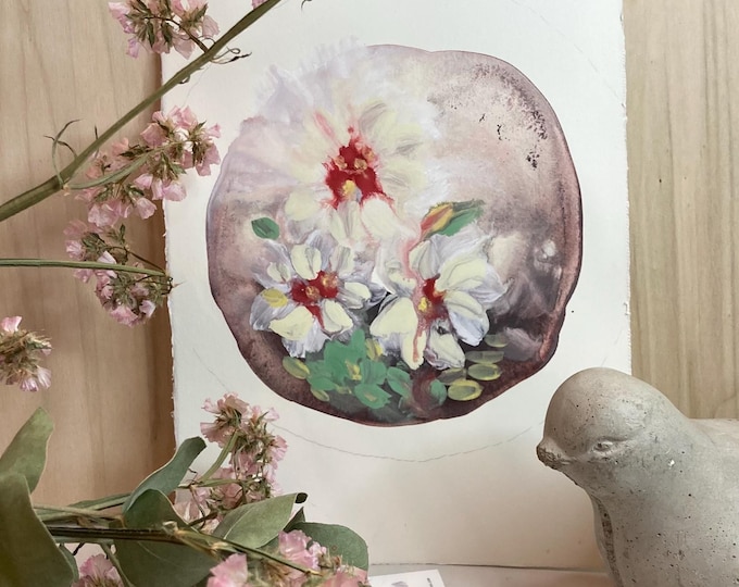 Watercolor and gouache flowers, elegant floral abstract on 300g satin-textured cotton paper. 19 x 28.5 cm.