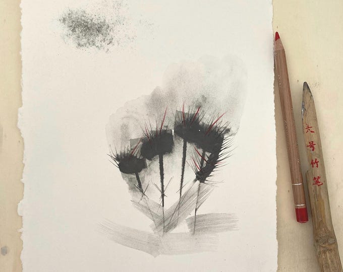 Minimal flowers, floral and elegant abstract on 300 g satin grain cotton paper. 19 x 28.5 cm