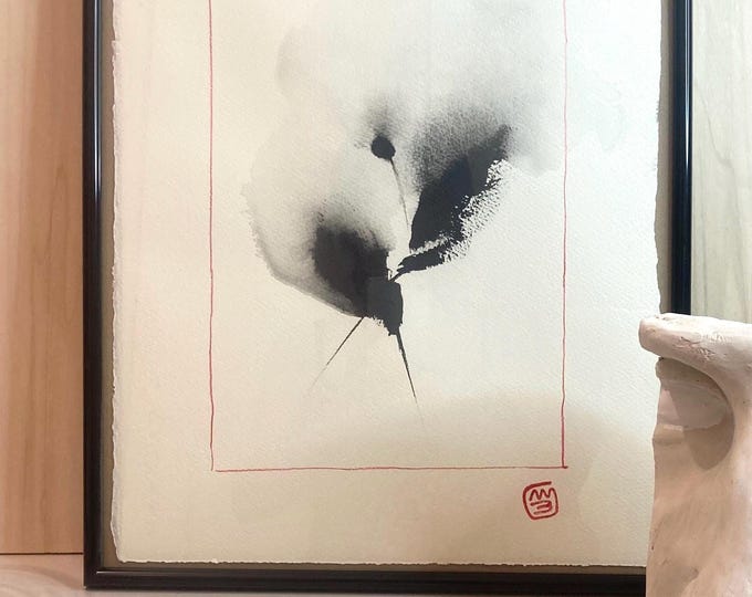 Minimalist Japanese Watercolor – Abstract Black Ink Flower – Zen Wall Art – Strange Flowers Collection – Original Painting 28.5 x 38 cm