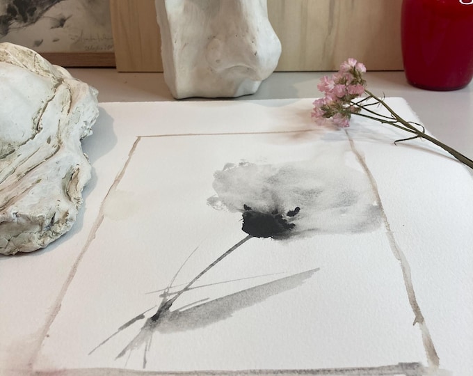 Minimalist Japanese Watercolor – Abstract Black Ink Flower – Zen Wall Art – Strange Flowers Collection – Original Painting 28.5 x 38 cm