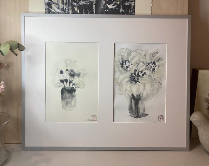 Minimalist Japanese Watercolor – Abstract Black Ink Flower – Zen Wall Art – Strange Flowers Collection – Original Painting 28.5 x 38 cm