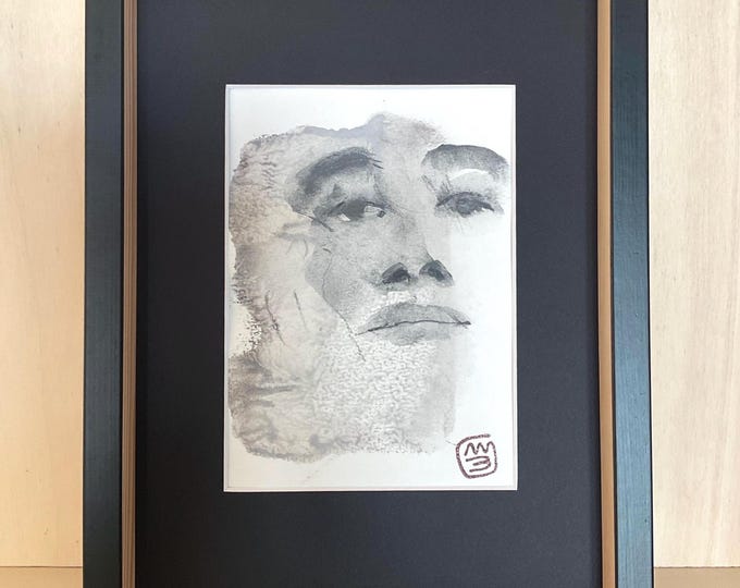 Minimalist watercolor portrait – evocative face in neutral tones – original art on 300gr cotton paper [frame 21x29.7 cm]