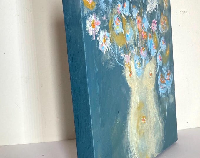 Nude woman with spring flowers, acrylic on canvas with an expressive and poetic touch, her body blossoms and is reborn