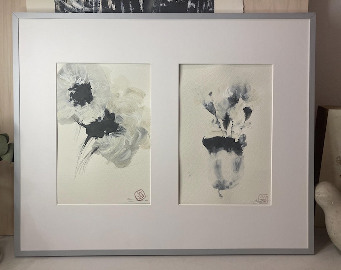 Minimalist Japanese Watercolor – Abstract Black Ink Flower – Zen Wall Art – Strange Flowers Collection – Original Painting 28.5 x 38 cm