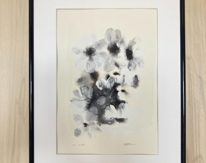Minimalist Watercolor – Abstract Black Ink Flower – Zen Wall Art – Strange Flowers Collection – Original Painting 30 x 40 cm, Frame included