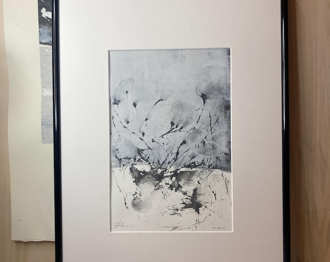 Minimalist Japanese Watercolor – Abstract Black Ink Flower – Zen Wall Art – Strange Flowers Collection – Original Painting 28.5 x 38 cm