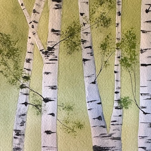 Original watercolor painting, birch trees