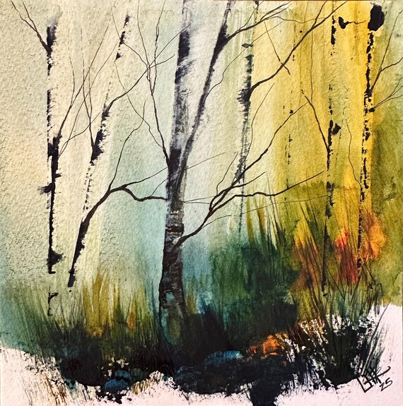 オリジナル水彩画、水彩風景画 6 x 6、抽象画、白樺の木 - Etsy 日本