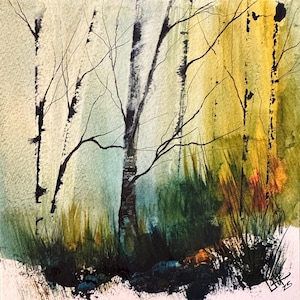 Original watercolor painting, watercolour landscape painting 6 x 6, abstract painting, birch trees