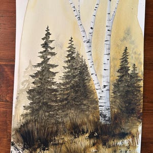 Original watercolor painting, watercolor landscape painting, Pine trees, birch tree