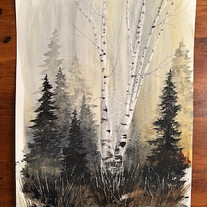 Original watercolor painting, watercolor landscape, Pine trees, birch tree