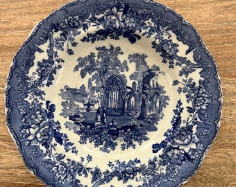 Antike Ashbuck Bros “Ancient Ruins” Flow Blaue Schale 10.5 ”- Englische Transferware aus dem 19.Jh. – Blau-Weißes Cottagecore-Dekor