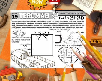 May include: A colorful educational worksheet with the text "Week 19 Terumah" and "Exodus 25:1-27:19". Includes illustrations of a tabernacle, a heart-shaped maze, and a drawing prompt. Features pencils, a shofar, and a miniature ark.