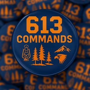 May include: A navy blue button with the text "613 COMMANDS" in orange. The button features orange illustrations of a lantern, trees, a mountain, and an eagle. Other buttons with the same design are in the background.