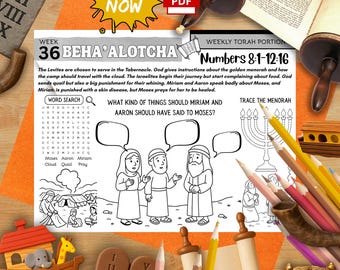 Week 36 Torah Parsha Activity Mat Behaalotcha Printable Jewish Homeschool Lesson for Kids Menorah Tracing Word Search