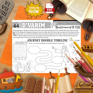 Week 44 D’varim Torah Activity Mat | Moses Journey Timeline | Printable Parsha Worksheet | Word Search + Drawing | Jewish Homeschool