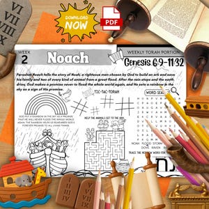 Torah Portion Week 2 Activity Mat Parashat Noach Printable for Kids Noahs Ark Rainbow Bible Story Shabbat Homeschool Worksheet