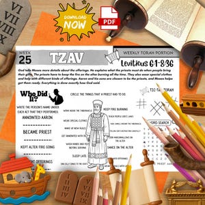 Torah Portion Week 25 Activity Mat Parashat Tzav Printable for Kids Priest Duties Story Shabbat Worksheet Jewish Homeschool Resource